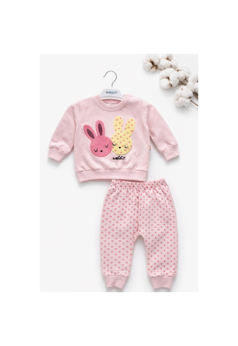 Set bebe fetita 2 piese roz cu iepurasi bluza maneca lunga pantaloni bumbac