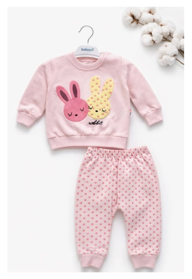 Set bebe fetita 2 piese roz cu iepurasi bluza maneca lunga pantaloni bumbac