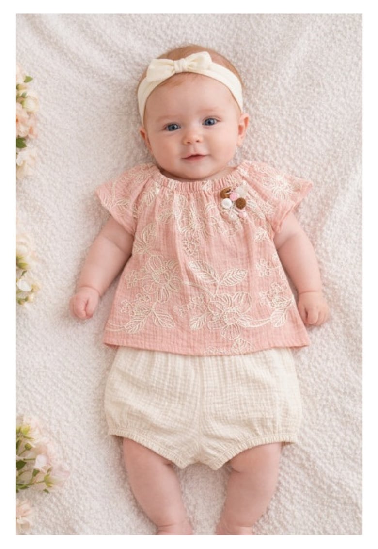 Set bebelusi fetita bluza roz cu broderie florala pantaloni scurti crem vara premium