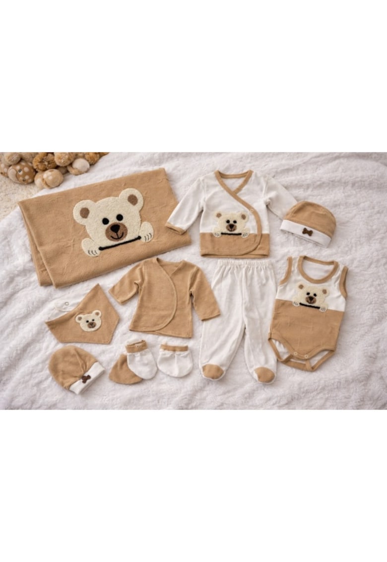 Set nou nascut 10 piese bumbac crem cu ursulet haine complete bebe cadou maternitate