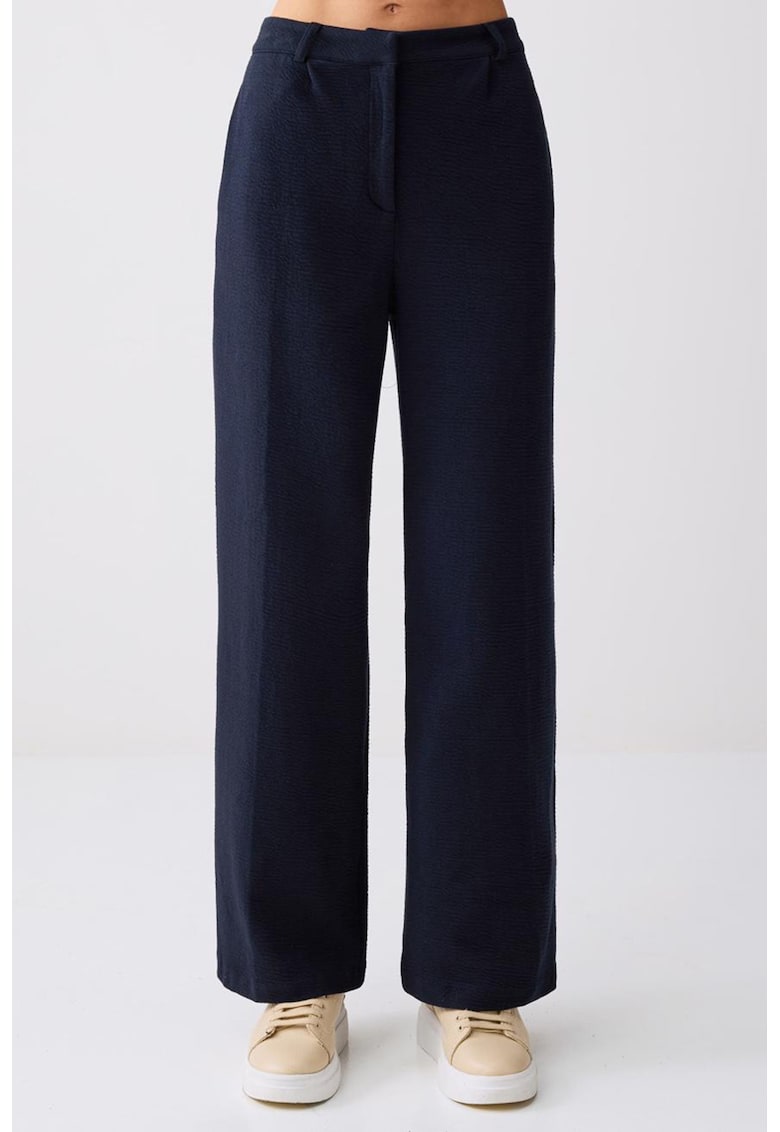 Pantaloni cu croiala ampla si talie inalta - Bleumarin