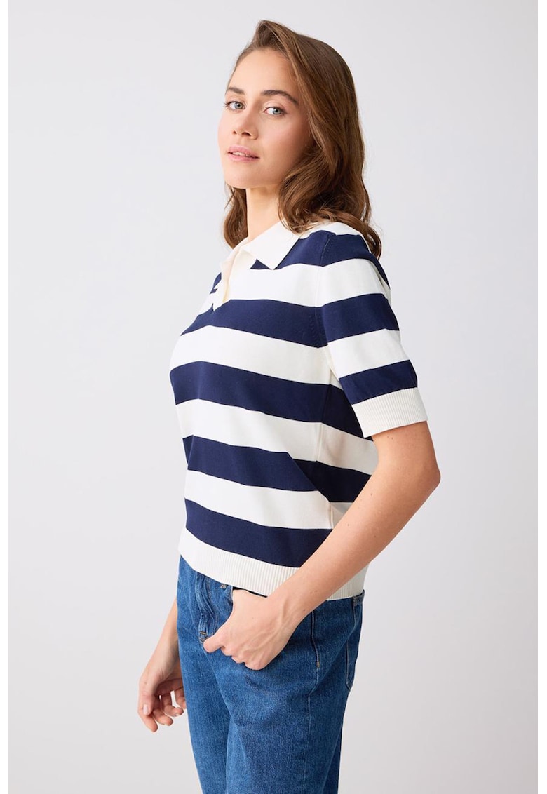 Tricou polo cu dungi - Alb/Bleumarin