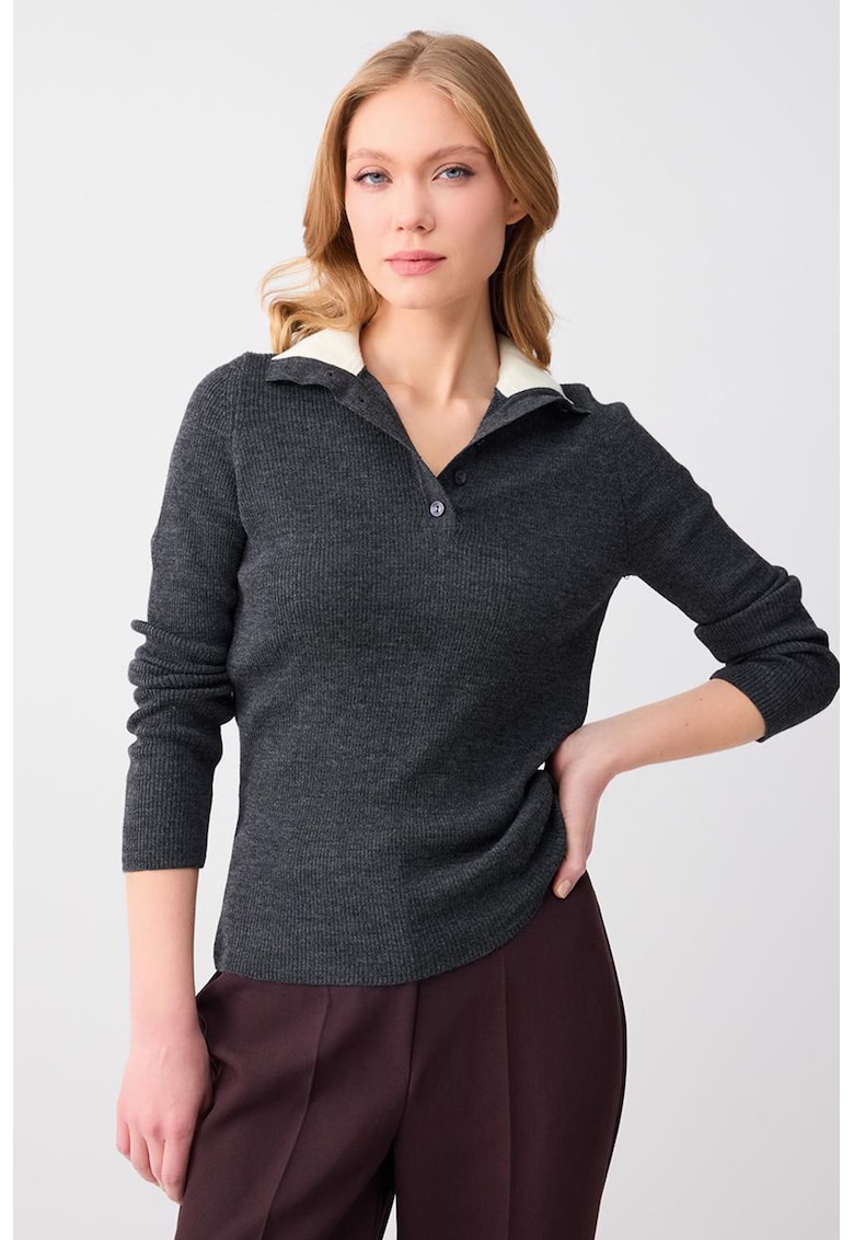 Bluza polo din amestec de lana - Gri inchis melange