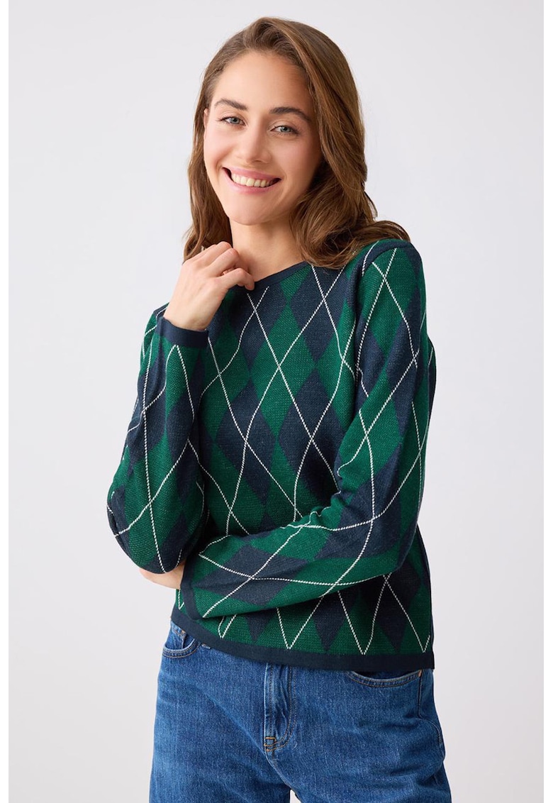 Pulover cu decolteu la baza gatului si model in carouri - Verde/Bleumarin