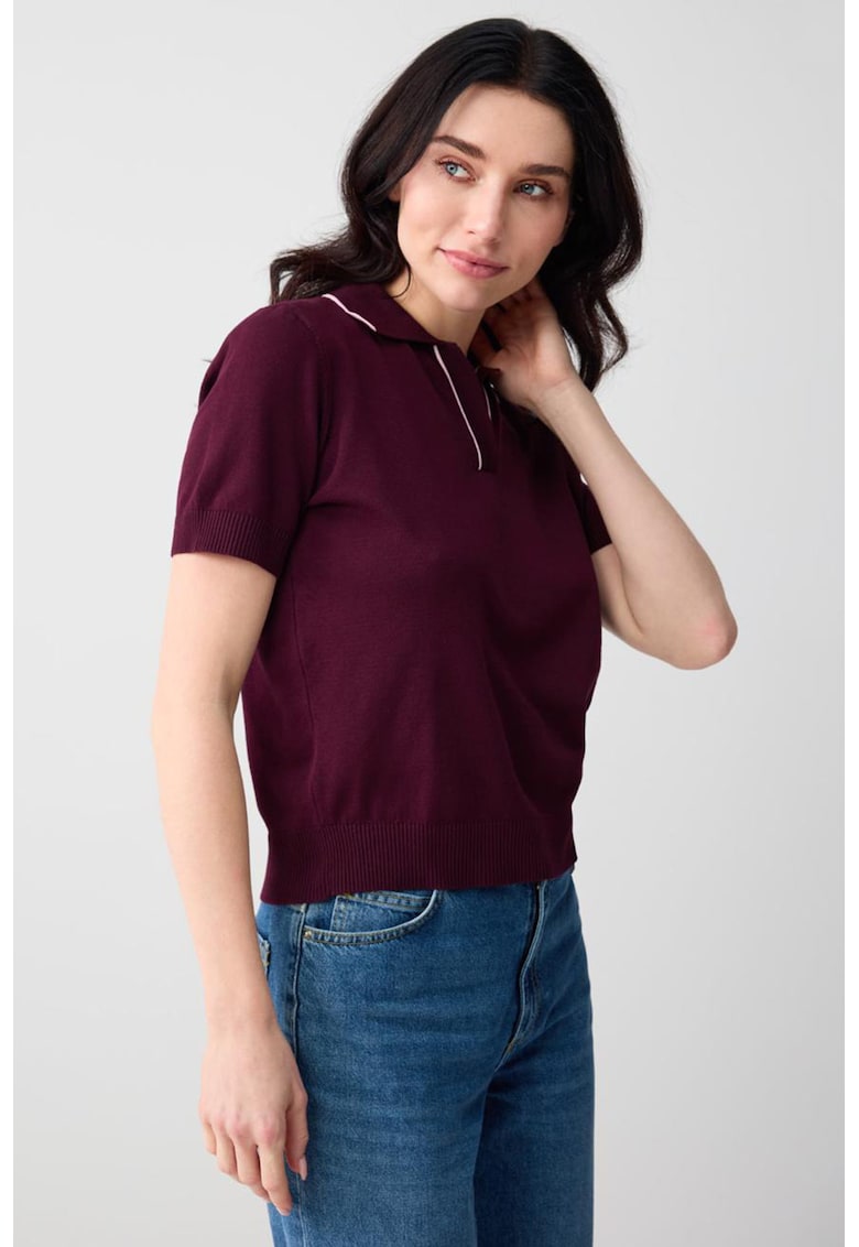 Tricou cu guler polo contrastant - Visiniu