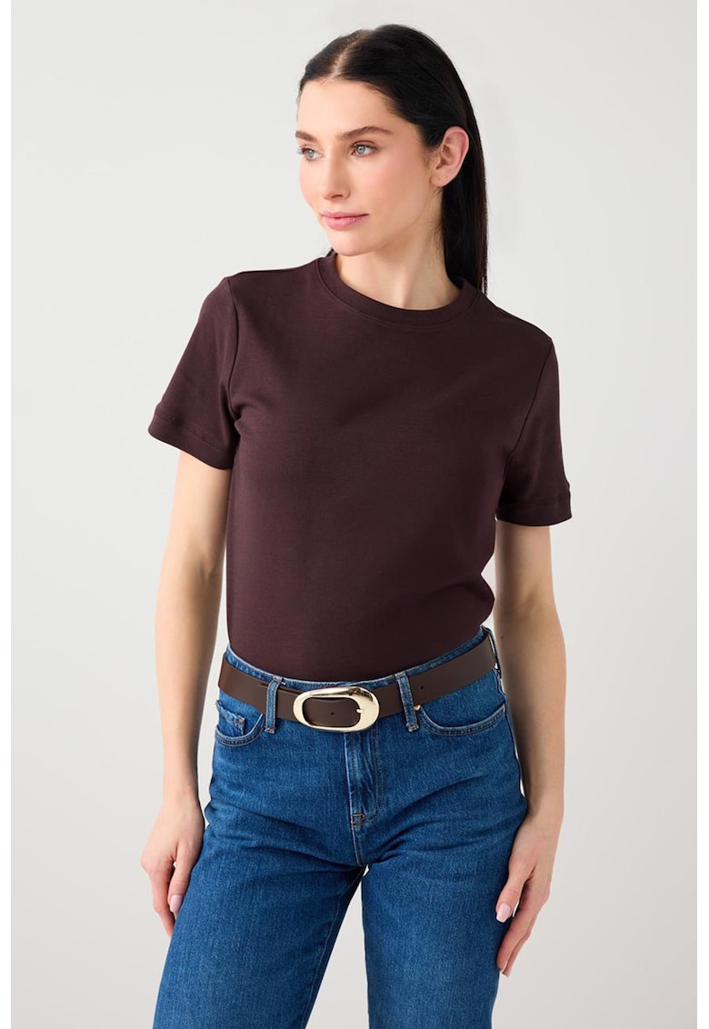 Tricou din bumbac cu decolteu la baza gatului - Maro cognac