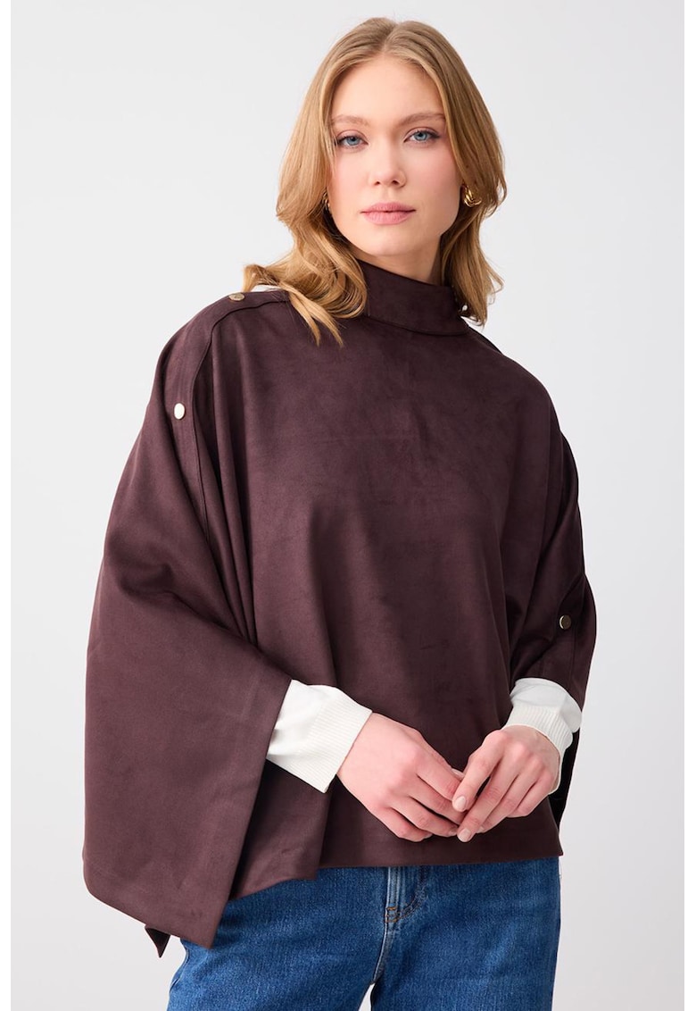 Poncho relaxed-fit cu guler inalt - Maro
