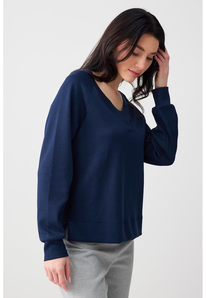 Bluza de trening din amestec de modal cu croiala lejera si decolteu in V - Bleumarin