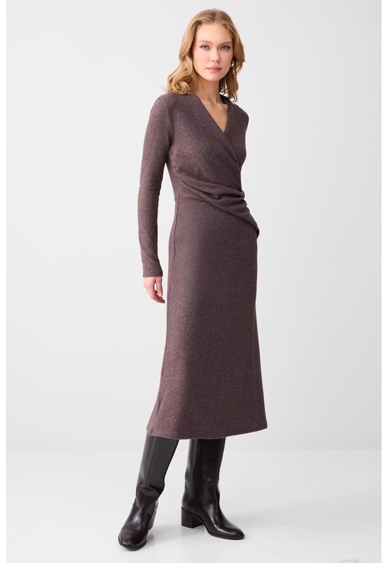 Rochie din tricot cu decolteu cache-coeur - Maro melange