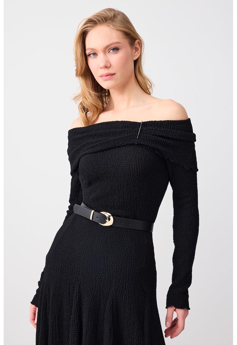 Bluza texturata cu decolteu pe umeri - Negru