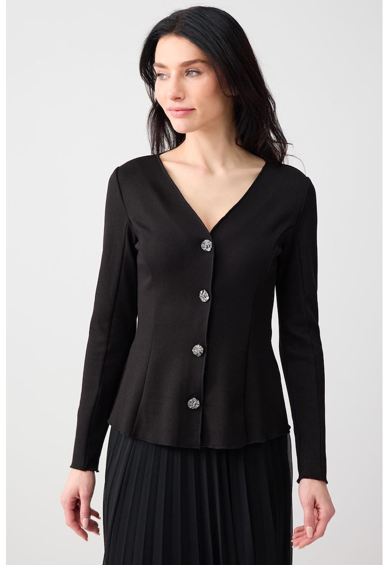Cardigan cu decolteu in V si nasturi tip bijuterie - Negru