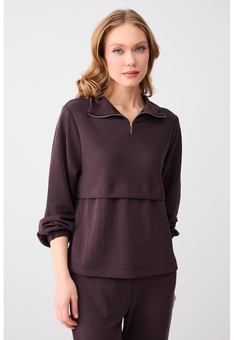 Bluza de trening din amestec de modal cu fermoar scurt - Maro cognac