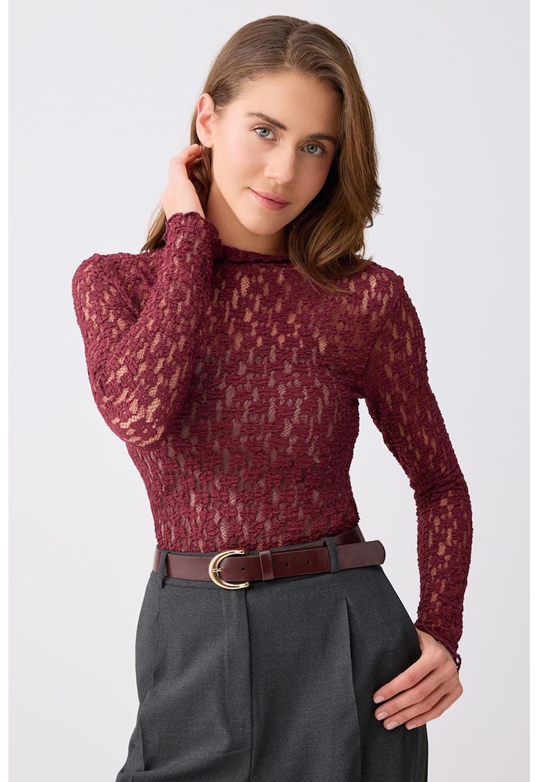 Bluza transparenta din dantela cu guler scurt - Maro cognac