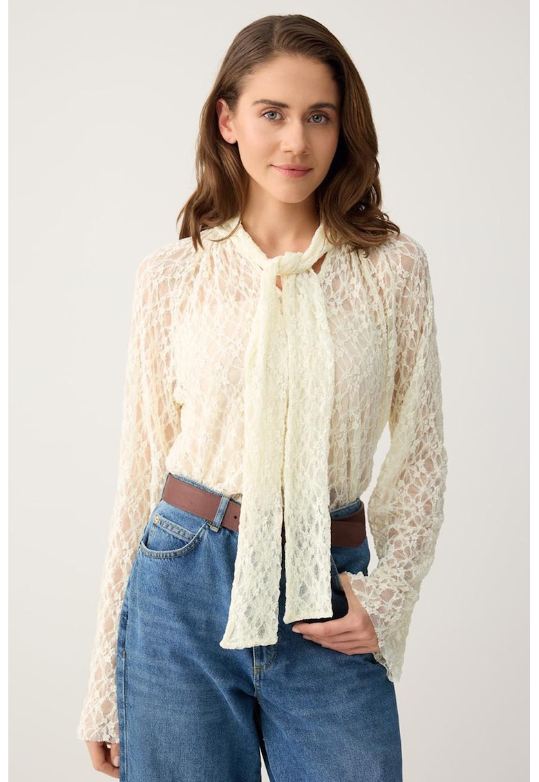 Bluza din dantela cu funda - Alb fildes
