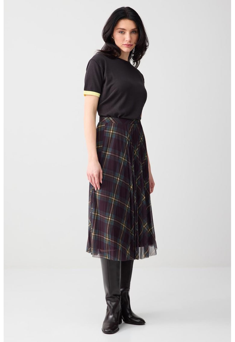 Fusta midi plisata - Maro cognac/Galben/Verde inchis