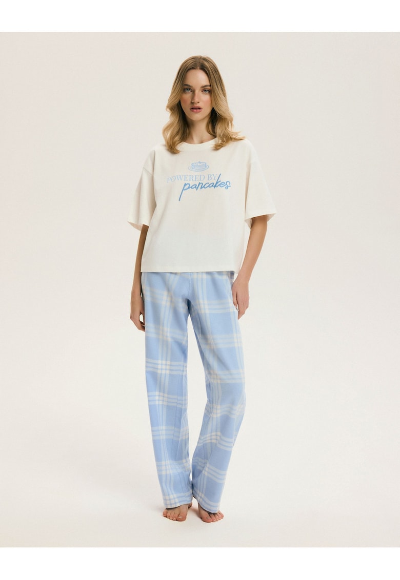 Pijama dama - Carouri - Alb crem-Albastru deschis - Lazy - Carouri