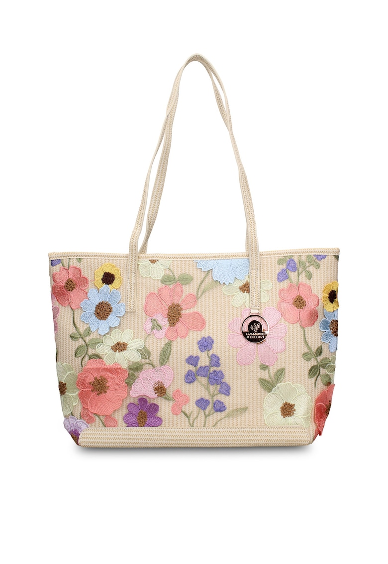 Geanta cu bareta de umar si detalii brodate Lumiflora - Bej