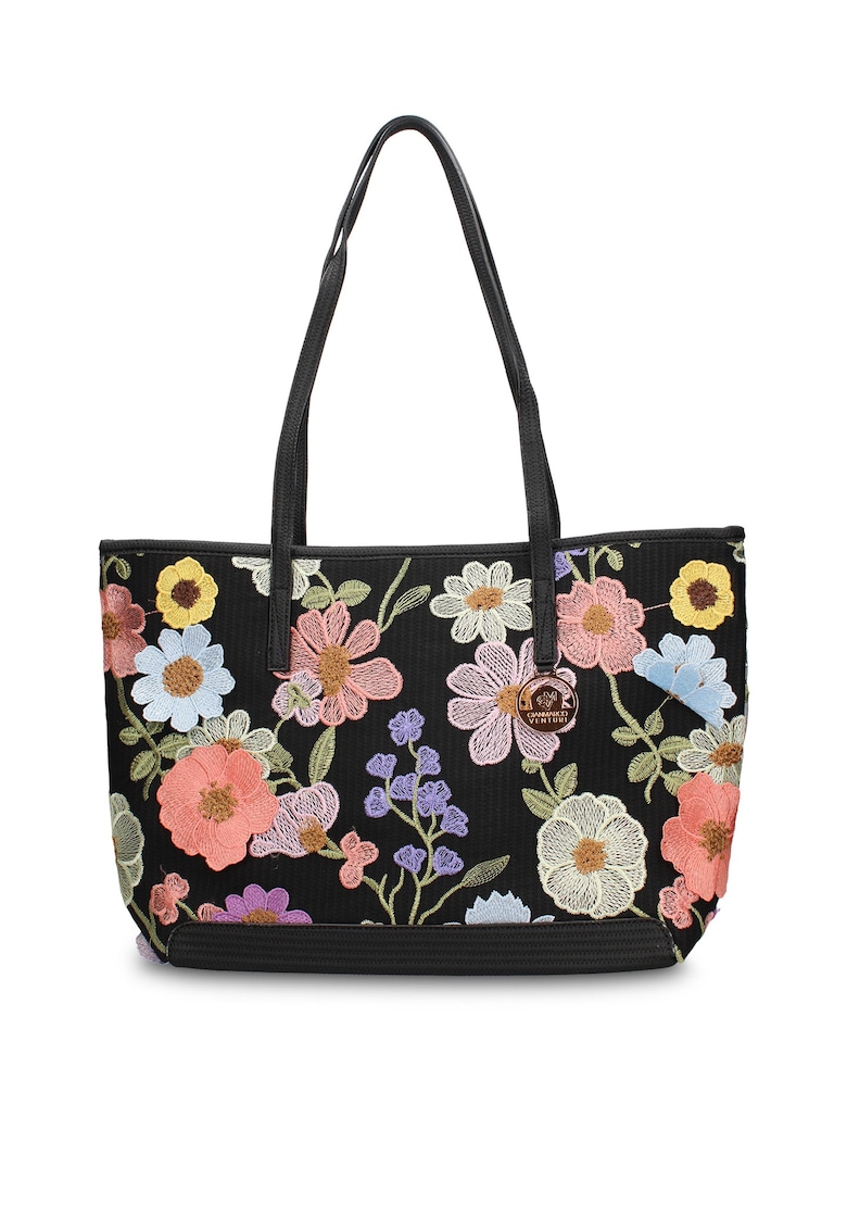 Geanta cu bareta de umar si detalii brodate Lumiflora - Negru