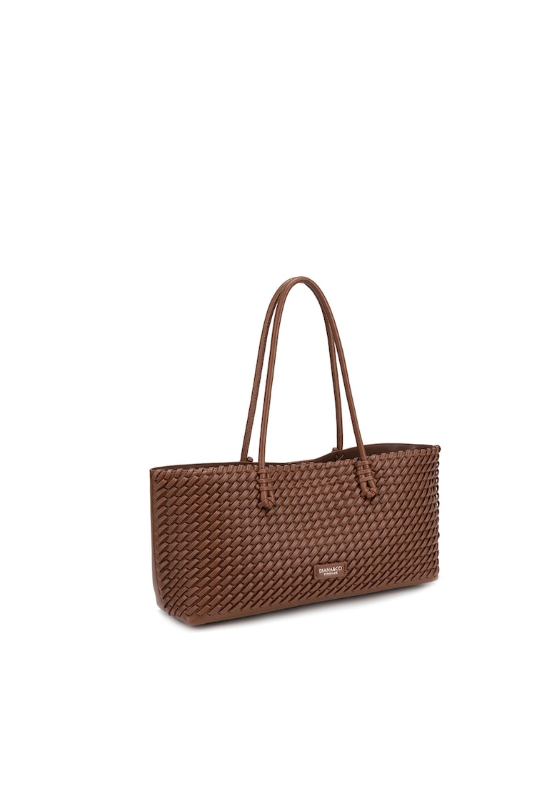 Geanta de piele ecologica cu bareta si aspect tesut Valoria Pro - Caramel