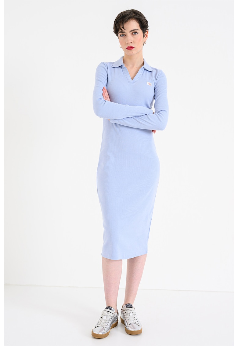 Rochie midi cambrata cu guler polo - Albastru azur