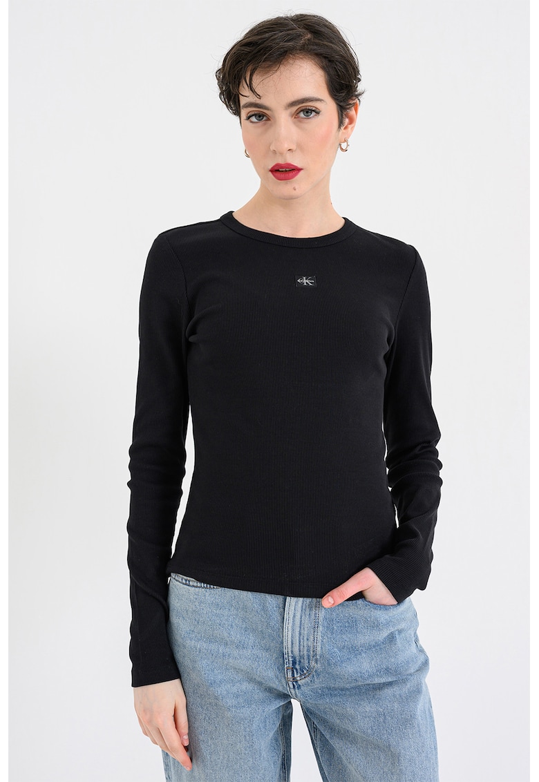 Bluza slim fit cu striatii si aplicatie logo discreta - Negru