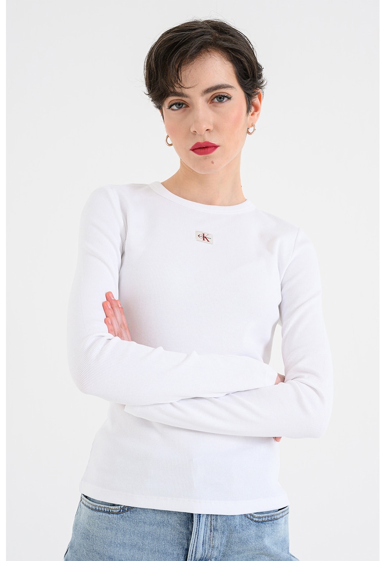 Bluza slim fit cu striatii si aplicatie logo discreta - Alb optic