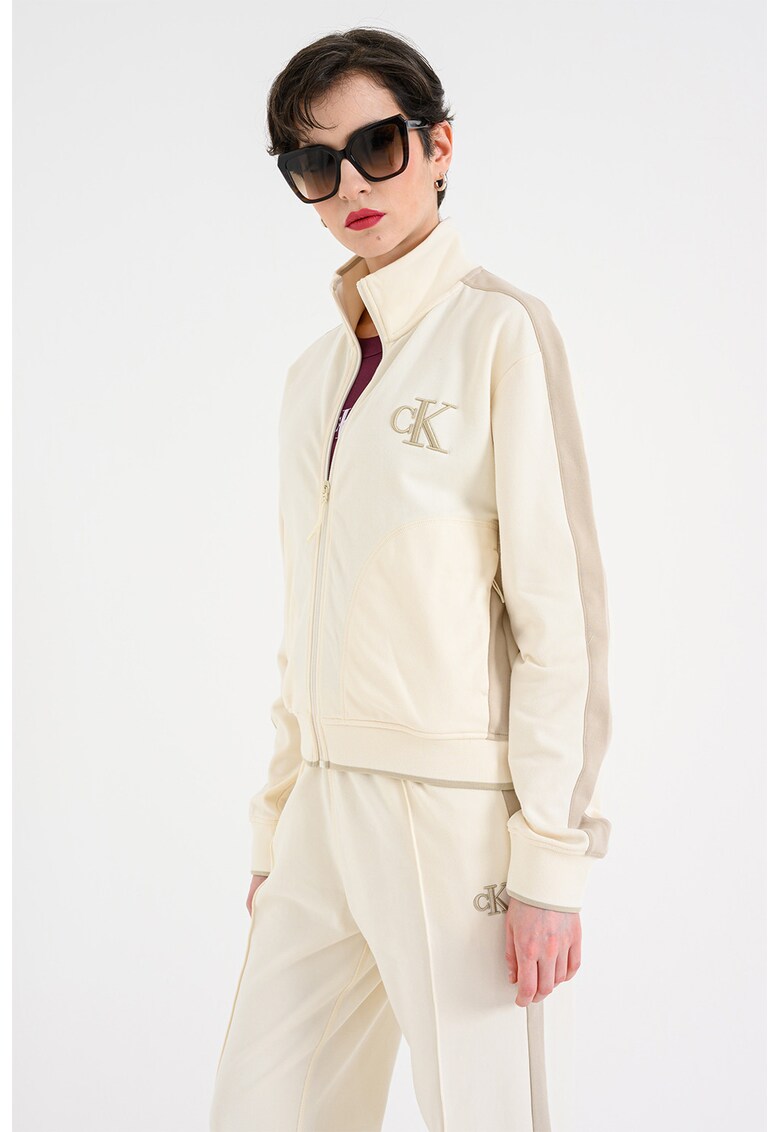 Bluza de trening cu guler mediu si fermoar - Alb fildes/Grej