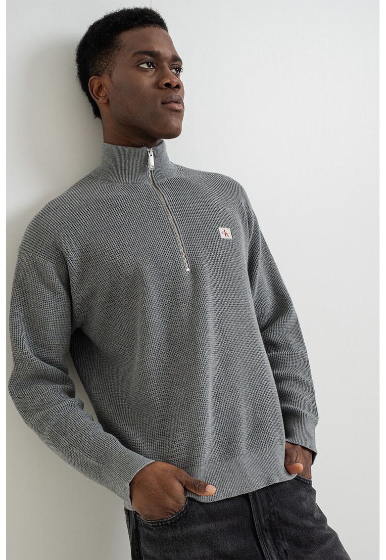 Pulover din tricot cu fenta cu fermoar - Gri melange