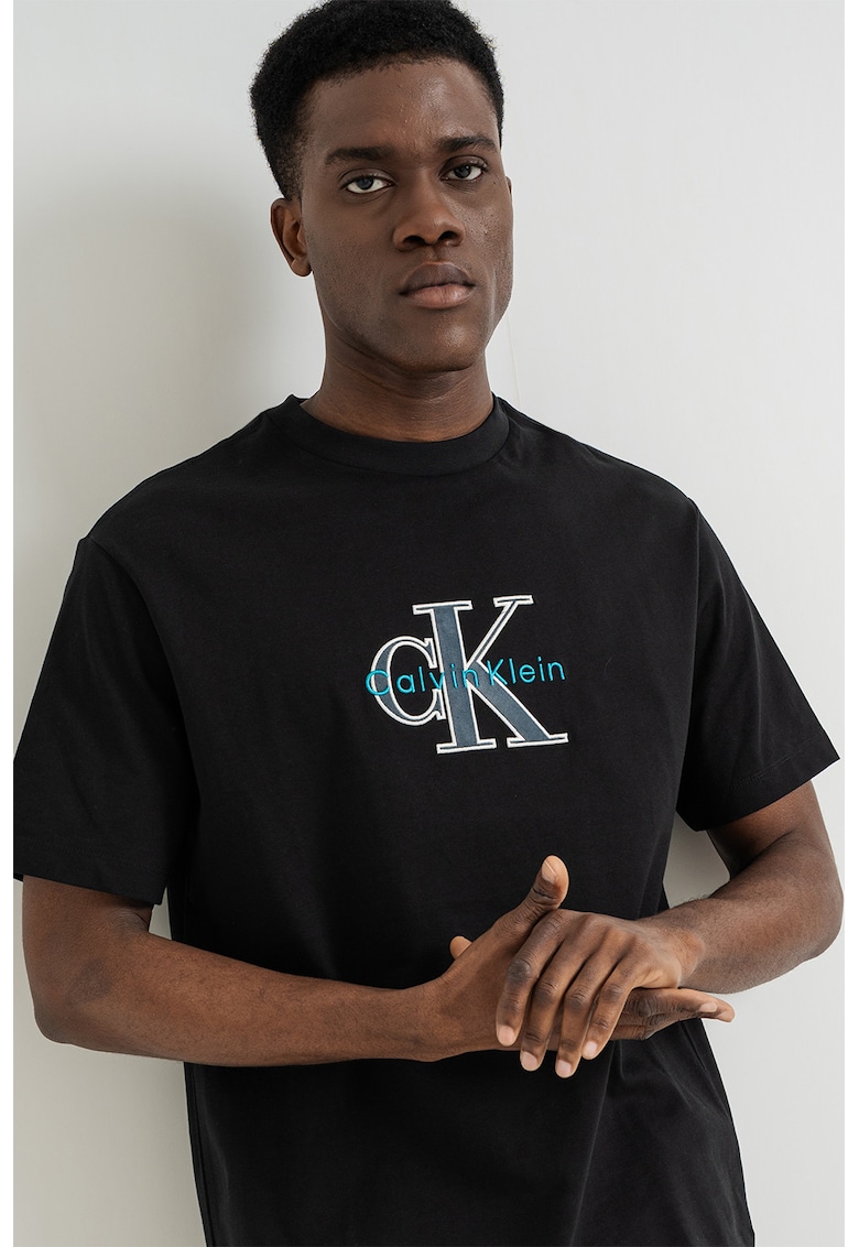 Tricou de bumbac cu logo brodat - Negru/Turcoaz