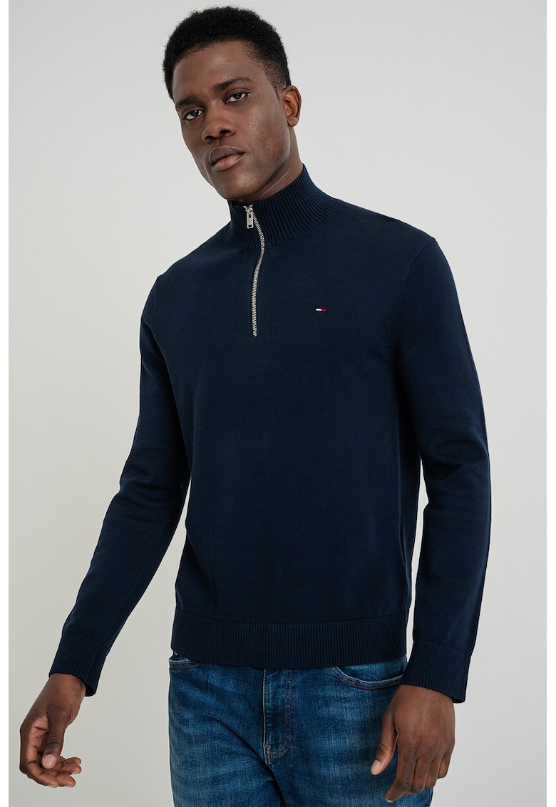 Pulover slim fit din bumbac organic - Bleumarin