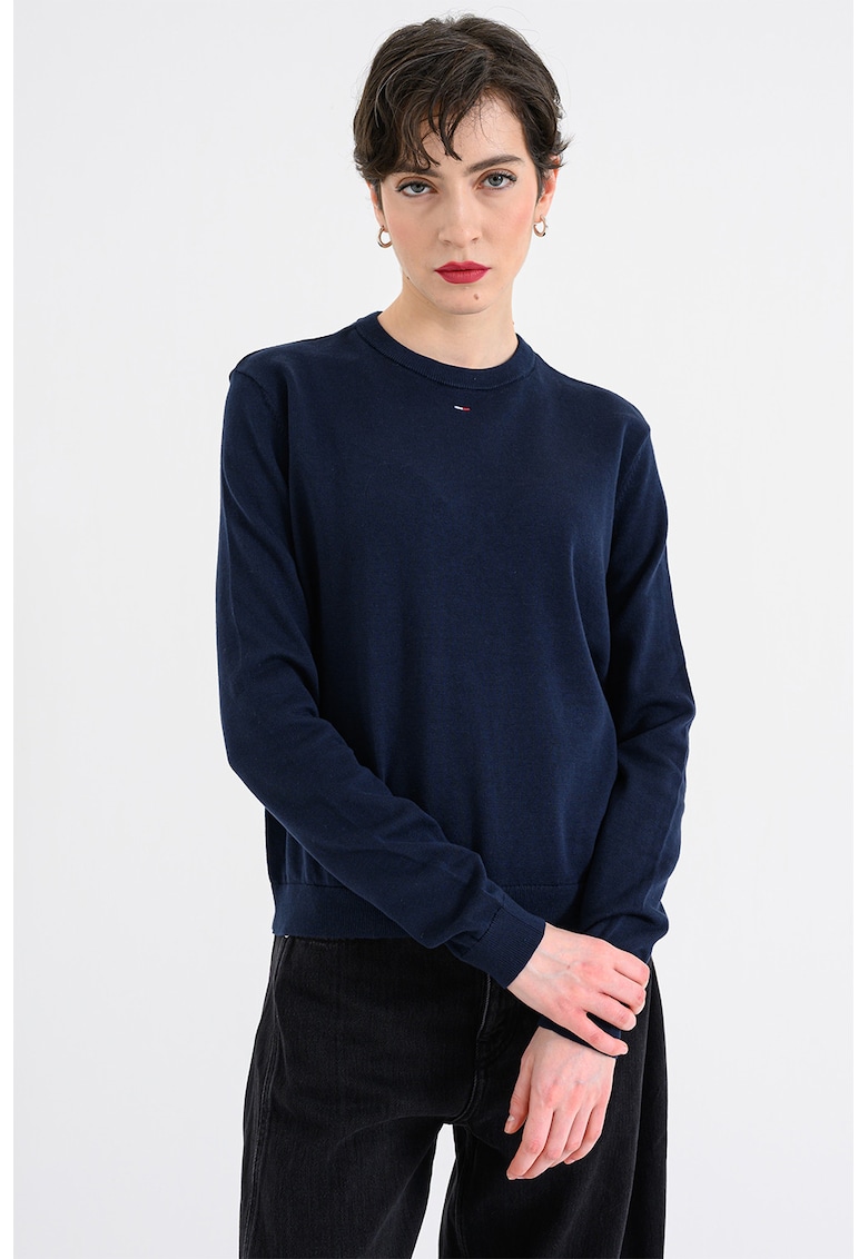 Pulover din bumbac organic cu decolteu la baza gatului - Bleumarin