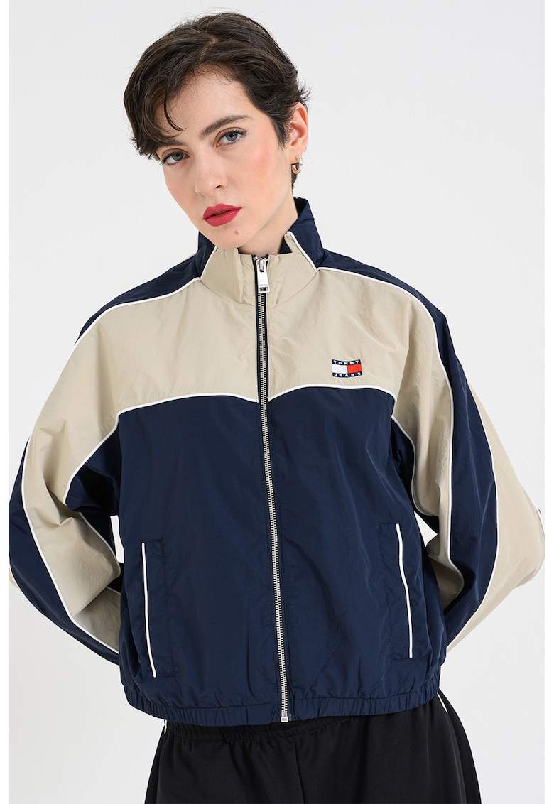 Jacheta cu fermoar si logo - Grej/Bleumarin