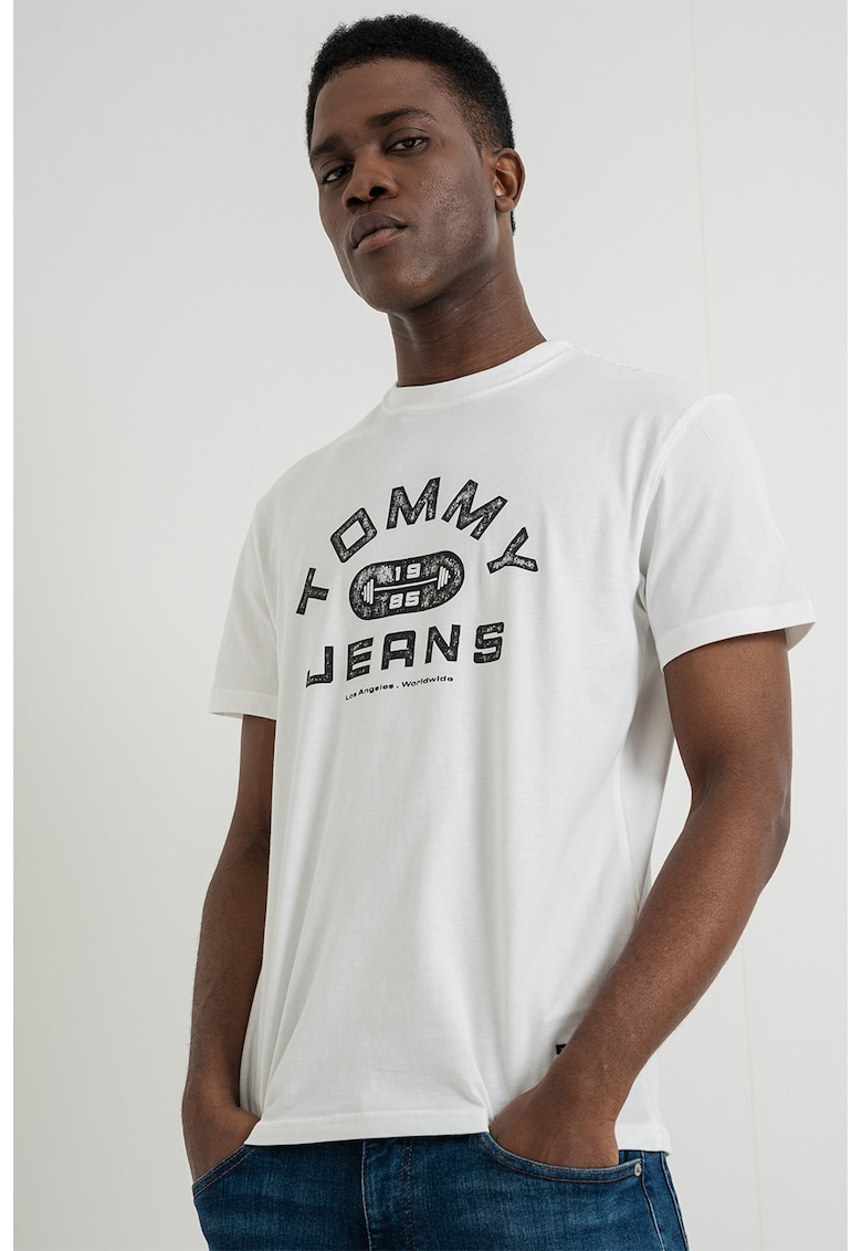 Tricou cu decolteu la baza gatului si logo - Alb/Bleumarin