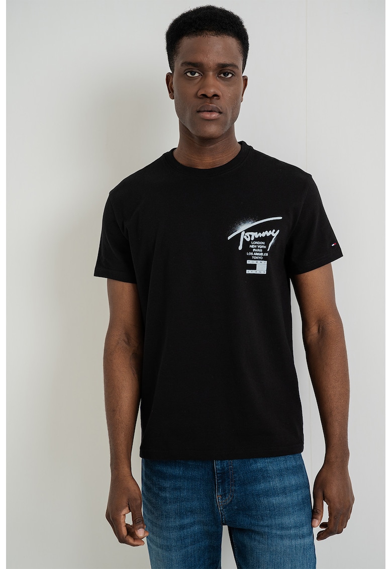 Tricou de bumbac cu decolteu la baza gatului - Negru/Albastru deschis