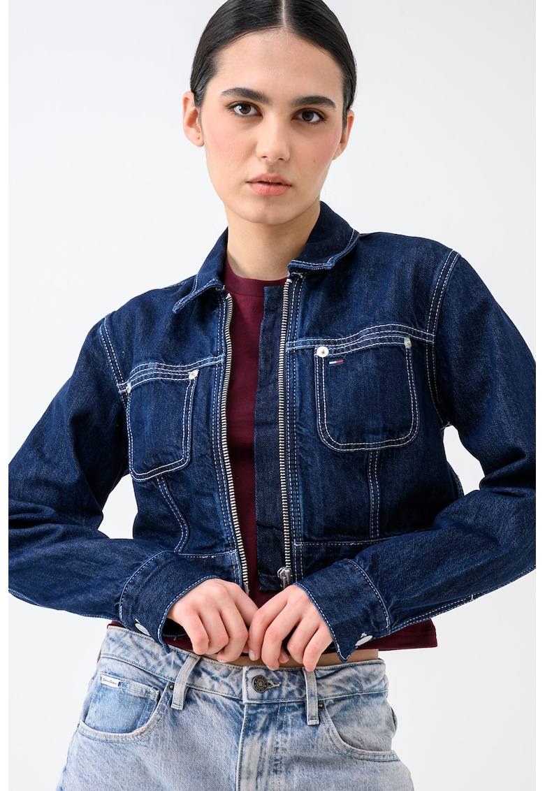 Jacheta crop din denim cu fermoar - Bleumarin