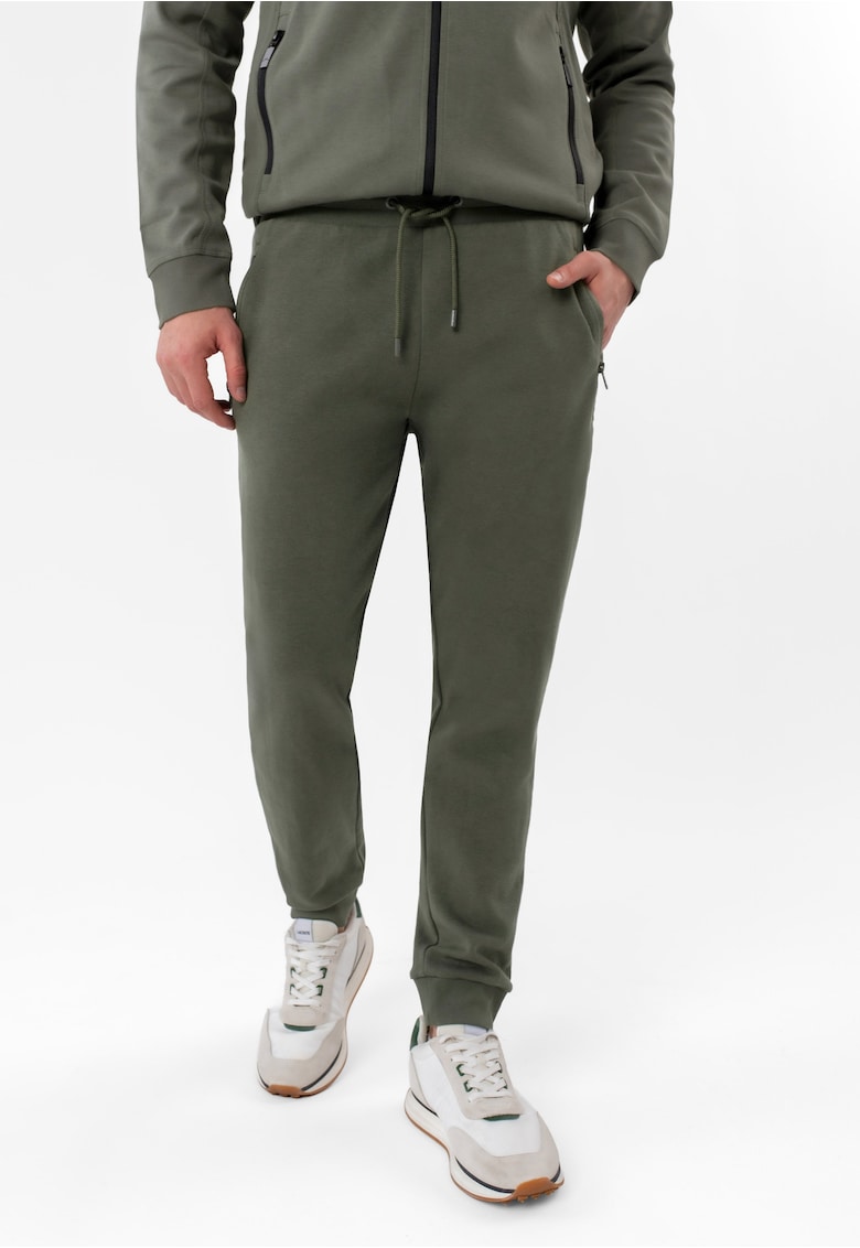 Pantaloni de trening conici din bumbac - jogger - cu buzunare - talie elastica cu snur - N-Ben - kaki - Kaki