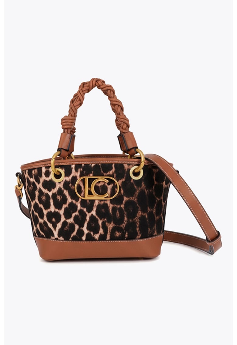 Geanta din piele ecologica si material textil cu maner si model animal print - Maro