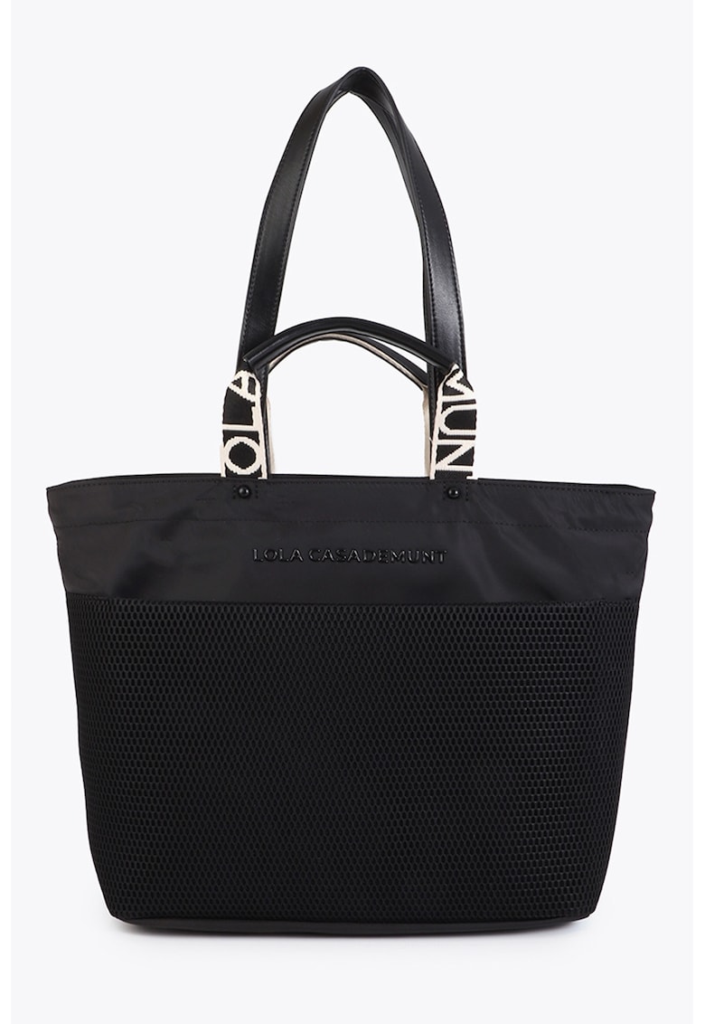 Geanta shopper din material textil - Negru/Bej