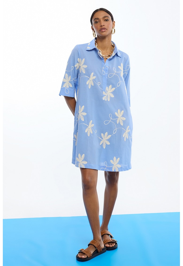 Rochie-camasa cu broderii florale - Alb/Albastru pastel