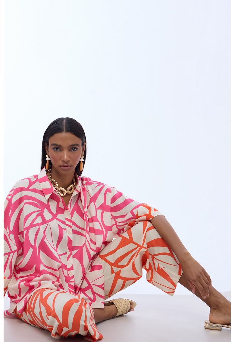 Pantaloni cu croiala ampla si model - Alb/Portocaliu mandarina