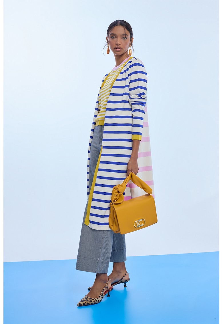 Cardigan lung fara inchidere cu model in dungi - Alb/Galben/Albastru