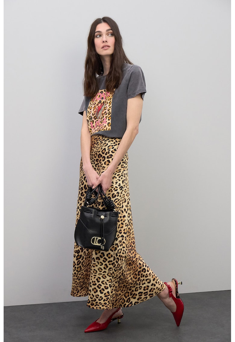 Fusta din satin cu model animal print - Negru/Maro nisip
