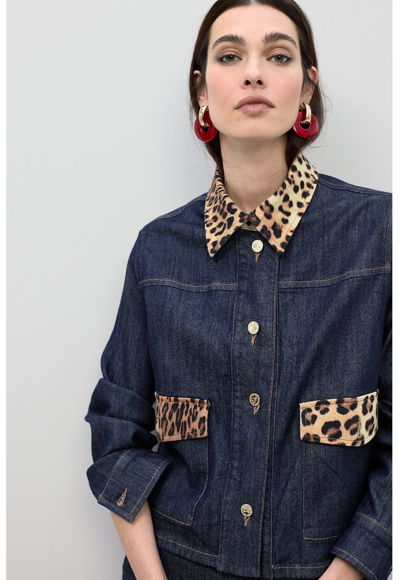 Jacheta din denim cu detalii cu model animal print - Maro/Albastru ultramarin