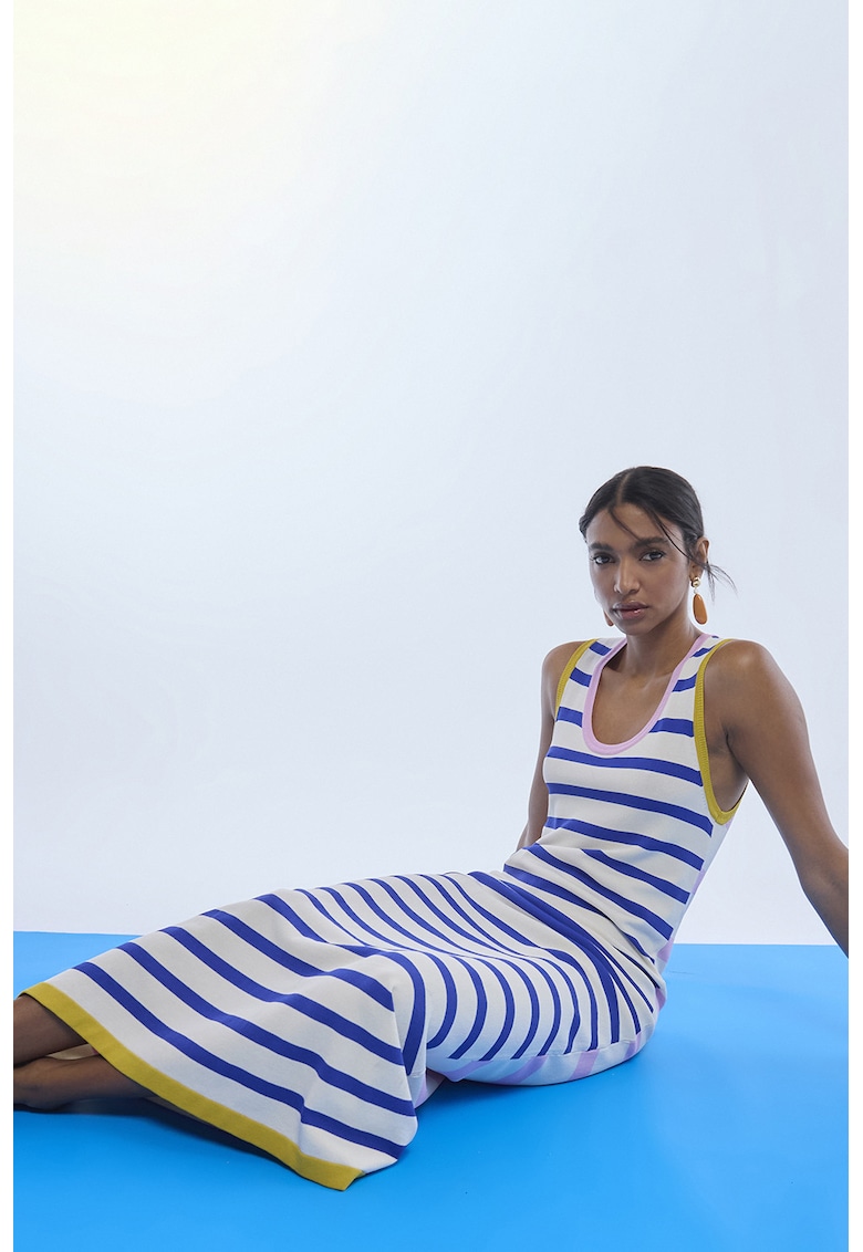 Rochie maxi cu model in dungi - Alb/Roz/Albastru