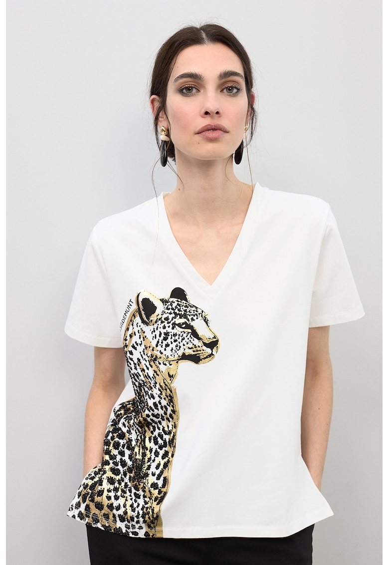 Tricou cu decolteu in V - Alb/Negru/Maro