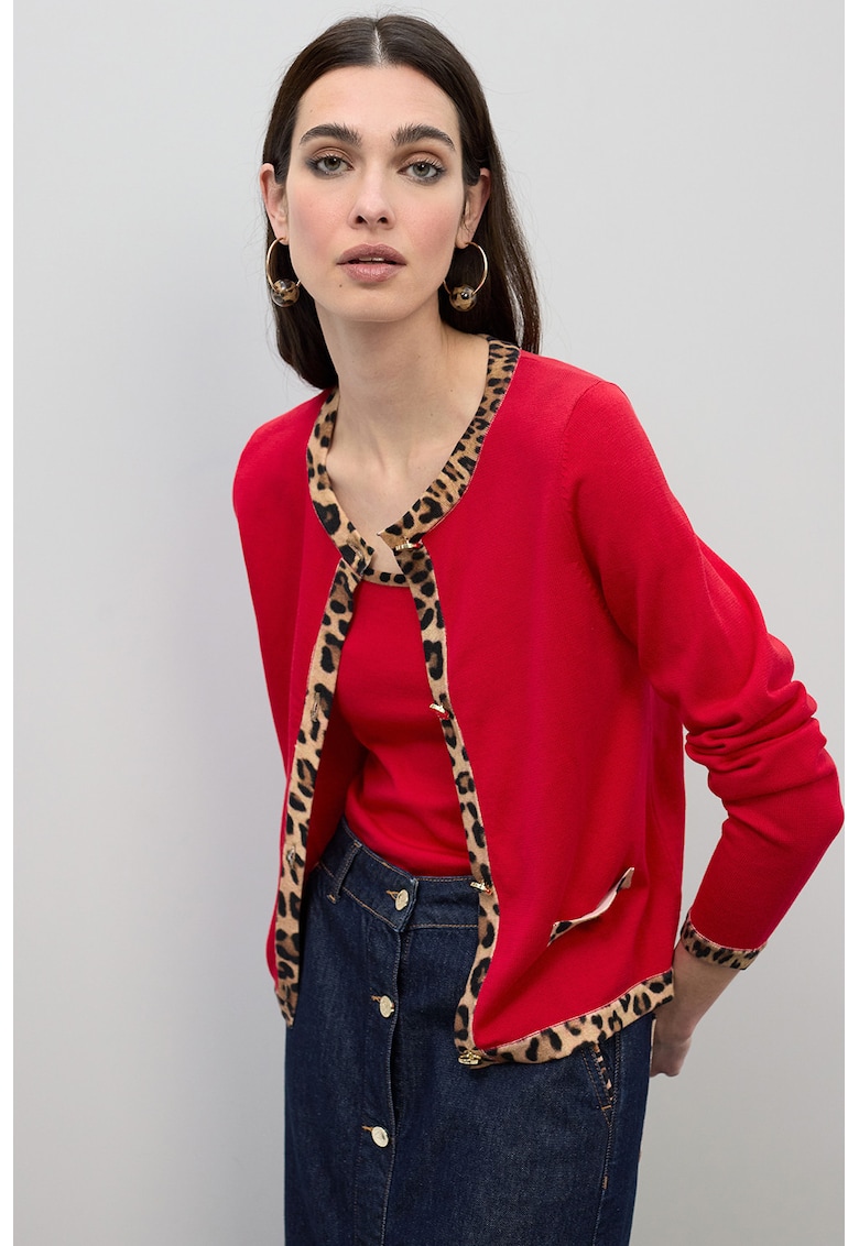 Cardigan din amestec de modal cu detalii cu model animal print - Rosu/Maro