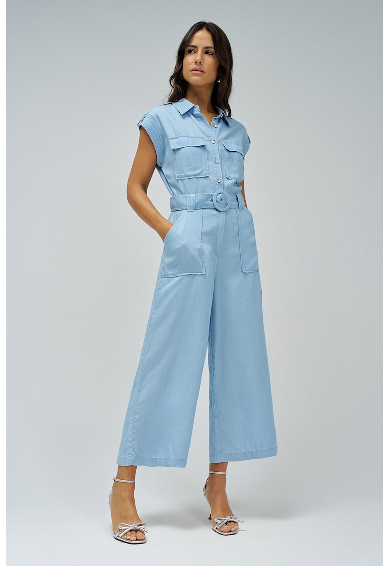 Salopeta crop din material chambray - Albastru lavanda