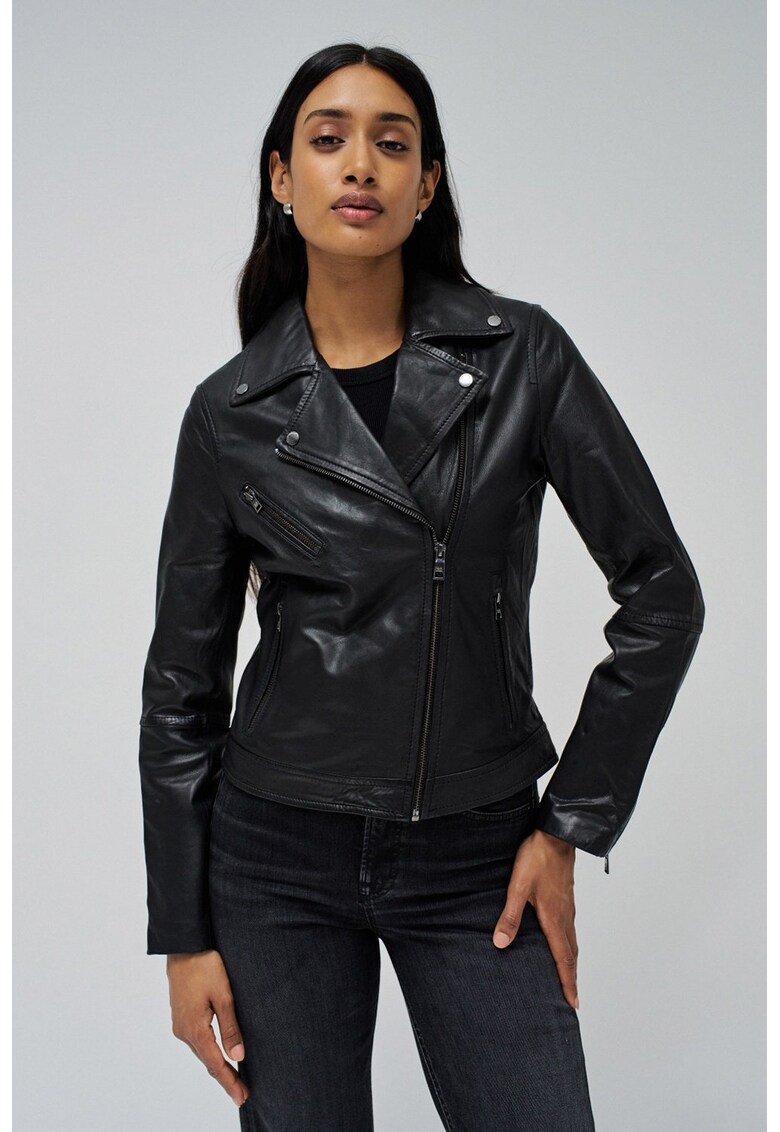 Jacheta biker slim fit din piele - Negru