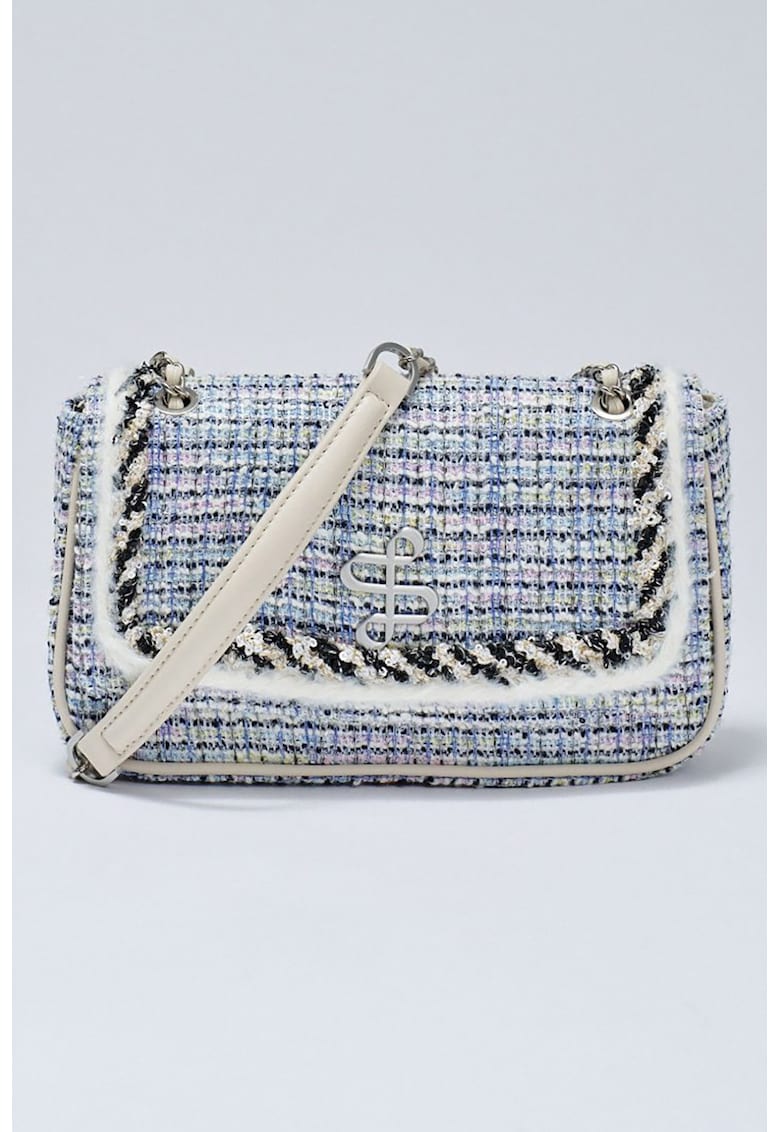 Geanta crossbody din tuid - Negru stins/Lila/Alb murdar/Bleumarin