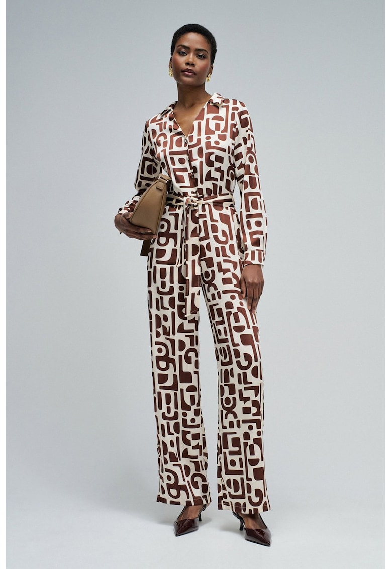 Salopeta din satin cu imprimeu retro - Alb/Maro cognac